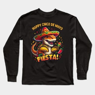 Cinco De Mayo Funny Dinosaur Holding Taco Let's Fiesta Party Long Sleeve T-Shirt